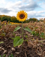 Single sunflower in a field of dried sunflowers