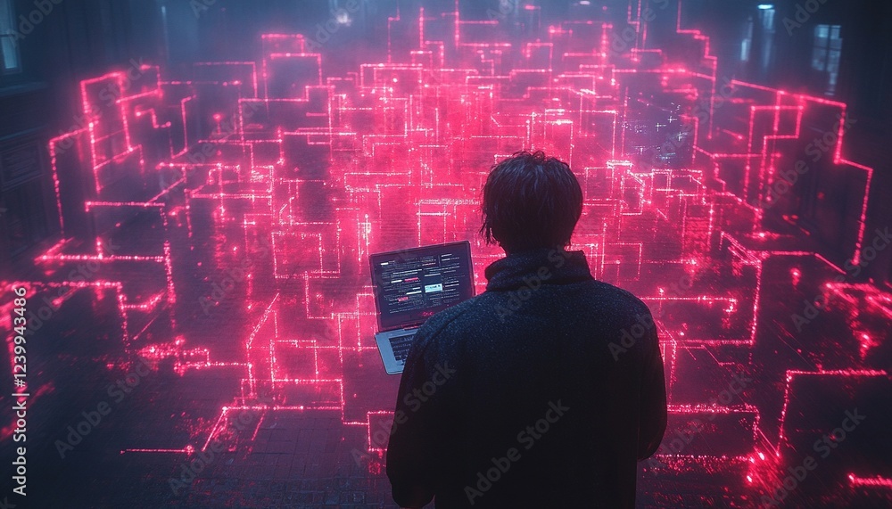 Poster man with laptop analyzing glowing 3d network data in dark room