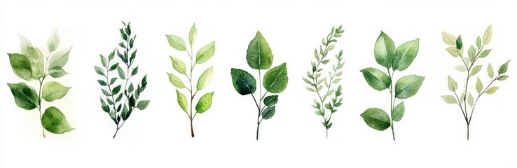 Fototapeta premium Watercolor Collection of Green Leaves Branches and Twigs Delicate Botanical Illustration Art