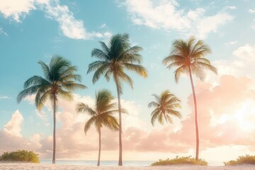 Tropical beach with palm trees and clouds in summer vintage watercolor style