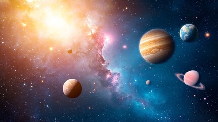 Planets orbiting star in vibrant nebula; cosmic background; science education, astronomy