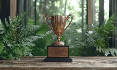 Golden trophy award on wooden table with green plants background