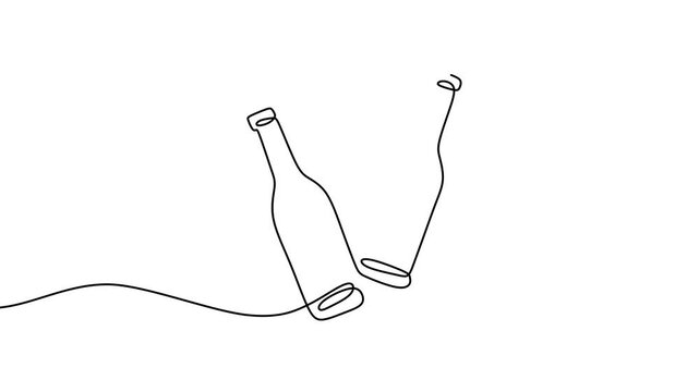 Two bottle cheers isolated on white background continuous line drawing animation. Useful for advertisement. Creative modern concept. New year party bottle animation video