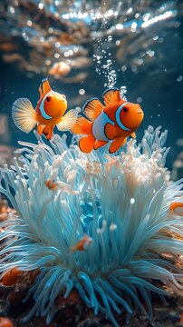 there are two clown fish swimming in the water near anemon