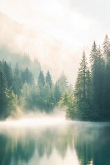 Misty forest landscape by calm water.