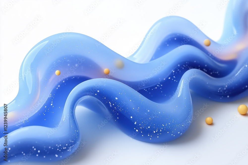Poster a flowing wave of glossy blue slime with a shimmering effect, adorned with small yellow spheres and 