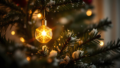 Closeup of Christmas tree with light, snow flake. Christmas and New Year holiday background, vintage. isolated with white shades