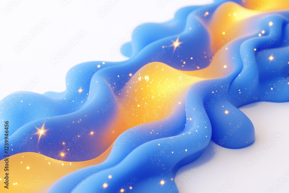 Poster a vibrant abstract design featuring flowing waves of blue and gold, interspersed with sparkling star