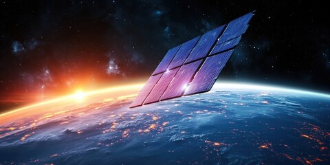 Futuristic Satellite in Earth's Orbit with Solar Panels and Deep Space Background