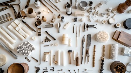 top view collection set A diverse collection of tools displayed artfully on a light surface for creative inspiration.