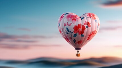 Fototapeta premium Heart Shaped Hot Air Balloon with Floral Pattern at Sunset