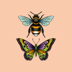 Vibrant Bee and Butterfly Tattoo Designs