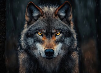 Intense Wolf Portrait with Dramatic Lighting and Copy Space