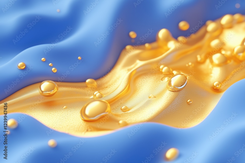 Poster a close-up view of a flowing liquid with golden and blue waves, featuring droplets on the surface, c