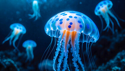 A close-up of a jellyfish  , its tiny body glowing with bright blue spots. Surrounding it are dark waters