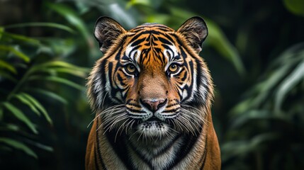 Close-up portrait of a tiger in the jungle, looking at the camera. International world wild life day celebration photography.