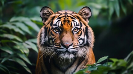 Obraz premium Close-up portrait of a tiger in the jungle, looking at the camera. International world wild life day celebration photography.