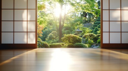 Serene Japanese garden view through open shoji screens at sunset, peaceful interior, zen tranquility