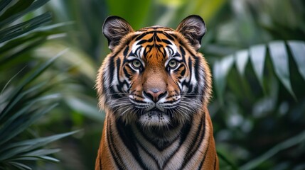 Close-up portrait of a tiger in the jungle, looking at the camera. International world wild life day celebration photography.