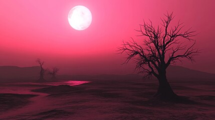 Fototapeta premium Surreal Desert Scene with Twisted Trees and Moonlight