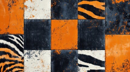 Abstract patchwork texture with tiger and zebra stripes, orange and black colors.
