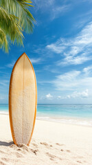 surfboard standing upright in sand on sunny beach