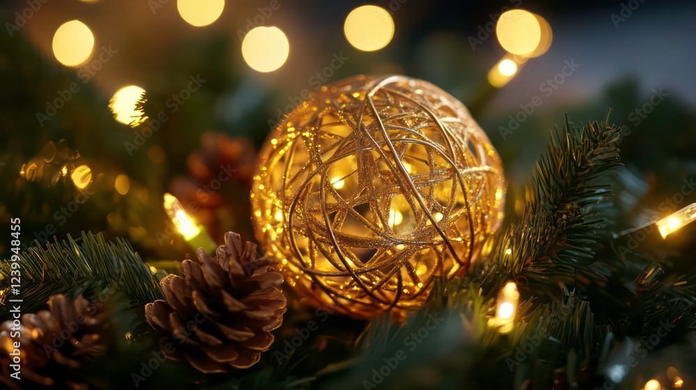 Poster golden wicker ball ornament nestled in pine branches with warm string lights and pine cones.