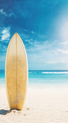 surfboard standing upright in sand by ocean under bright sky