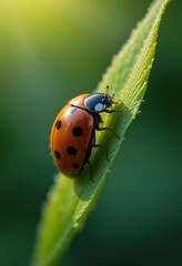 Naklejka premium Ladybug on a Green Leaf in Sunlight