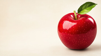 Fresh red apple with green leaf on light background