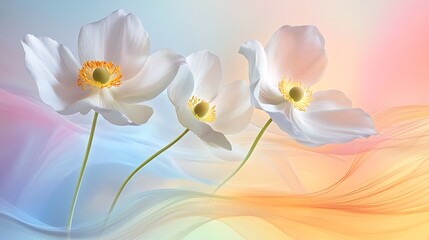 Fototapeta premium there are three white flowers that are on a colorful background