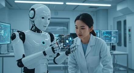 Innovation Collaboration: In a high-tech laboratory setting, a young woman collaborates with a futuristic robot.