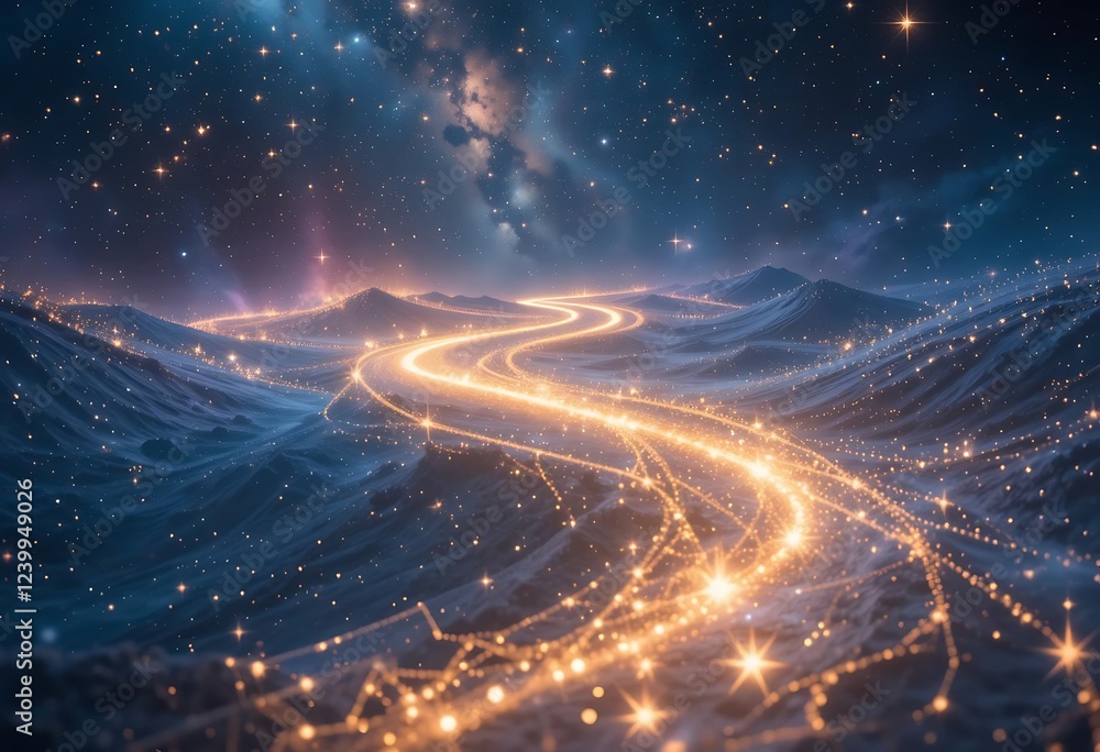 Poster luminous pathways across a starlit celestial landscape