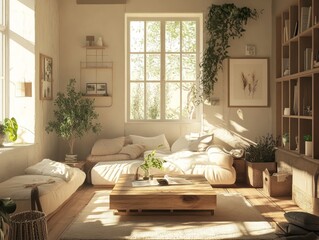 Sunlit Minimalist Living Room With Neutral Tones And Greenery