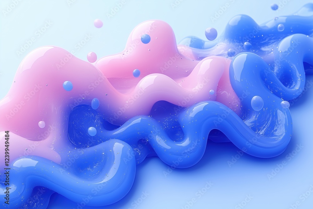 Poster a vibrant abstract design featuring flowing waves of pink and blue liquid, with glossy textures and 