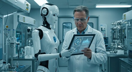 AI-Human Collaboration: A scientist in a lab coat collaborates with an android robot in a futuristic laboratory setting, analyzing data on a digital tablet.