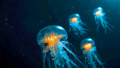 A close-up of a jellyfish  , its tiny body glowing with bright blue spots. Surrounding it are dark waters