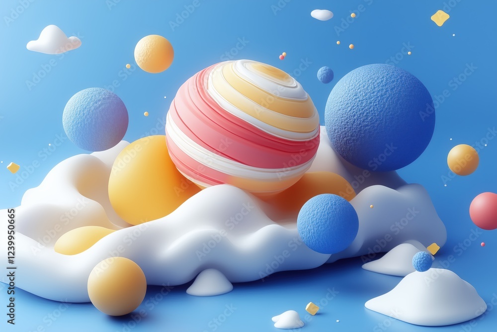 Poster a colorful abstract composition featuring various spherical shapes, including a striped planet, surr