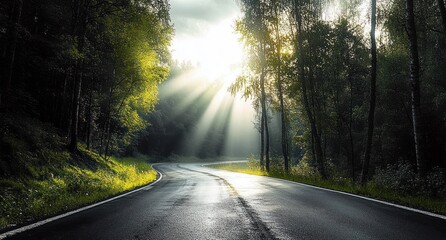 Fototapeta premium Cinematic Landscape Photograph of Asphalt Road in Countryside with Sunlight and Trees