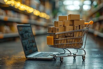 Miniature shopping cart with boxes and laptop in supermarket aisle for online shopping