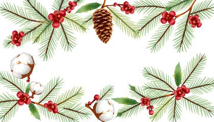 Watercolor christmas frame with fir branches, pine cone, cotton, leaves isolated on white background. Botanical winter greenery holiday illustration for wedding invitation card design. isolated with