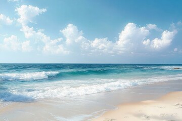 Tranquil Beach Scene Impressionism Soft Pastel Colors Gentle Waves Fluffy Clouds Sunny Sky