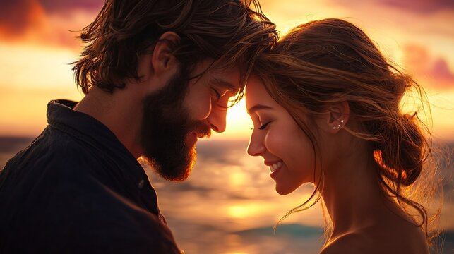 Couple's sunset ocean romance, forehead touch