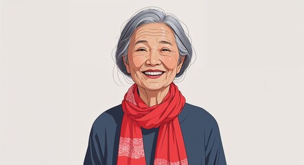 Portrait elderly Asian woman happy tied gray hair red scarf on plain white background illustration