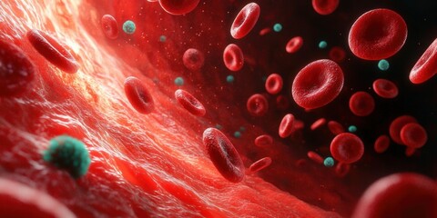 Fototapeta premium Macro Shot of Red Blood Cells and Bacteria in Human Plasma Environment Illustrating Sepsis and Blood Poisoning