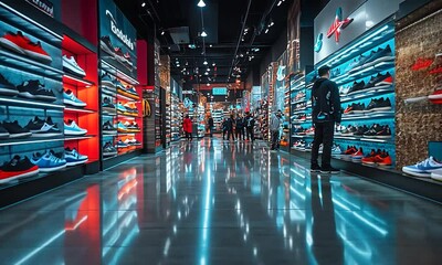 Vibrant sneaker store interior showcasing diverse footwear styles and shoppers exploring options