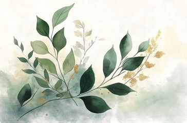 Watercolor Greenery with Golden Accents Leaves Twigs Foliage Arrangement