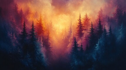 Fototapeta premium Misty forest sunrise with colorful sky