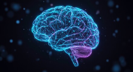 Digital Brain: Abstract rendering of a human brain in vibrant teal and purple hues, with a dark background and sparkling particles, highlighting its complex network of neural connections.