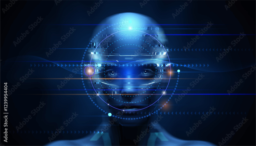 Poster Vector Abstract modern technology futuristic, AI bot, Artificial Intelligence concept. Robot and cyberspace, digital data, datum communication, innovation on hi tech future design for background